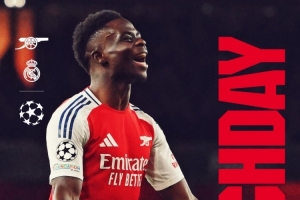 大战来临!阿森纳发布欧冠对阵皇马海报:萨卡单人出镜